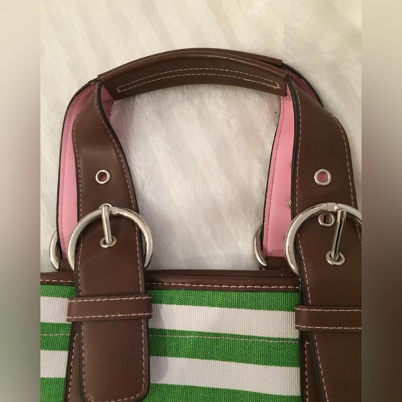 Roxy handbag 👜 💚🩷 stripes leather canvas purse with buckles cute surf nautical - Picture 2 of 4